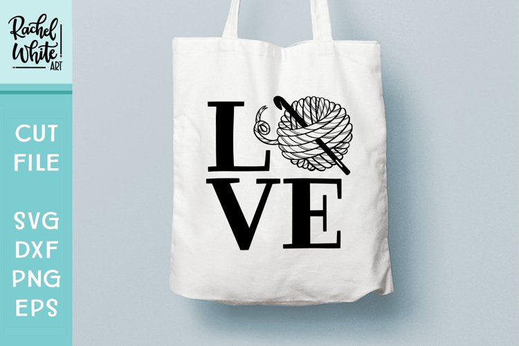 LOVE crochet with yarn ball and Crochet hook, Hand Lettered