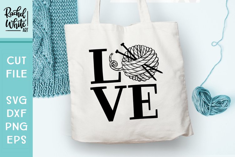 LOVE knit with yarn ball and knitting needles, Hand Lettered